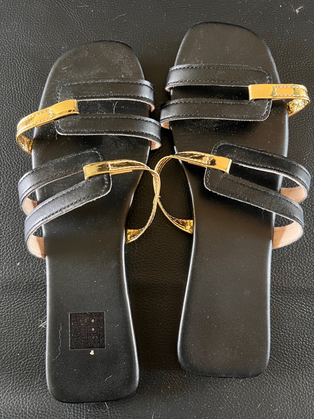 Black Leather Slide Sandals with Gold Accents Unbranded